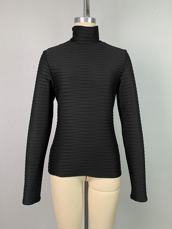 Long Sleeves Skinny Pleated Solid Color Split-Joint High Neck T-Shirts