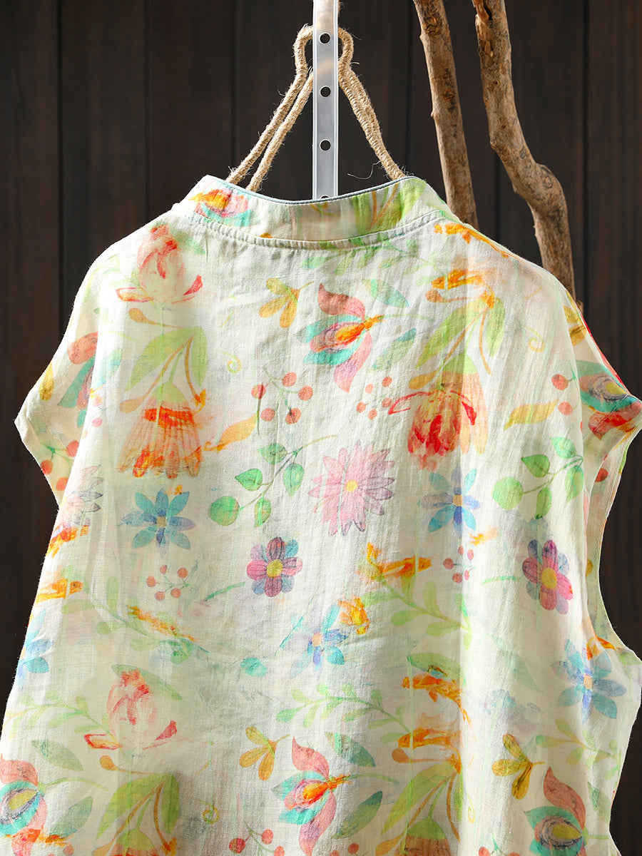 Women Summer Floral 100%Ramie Stand Collar Shirt