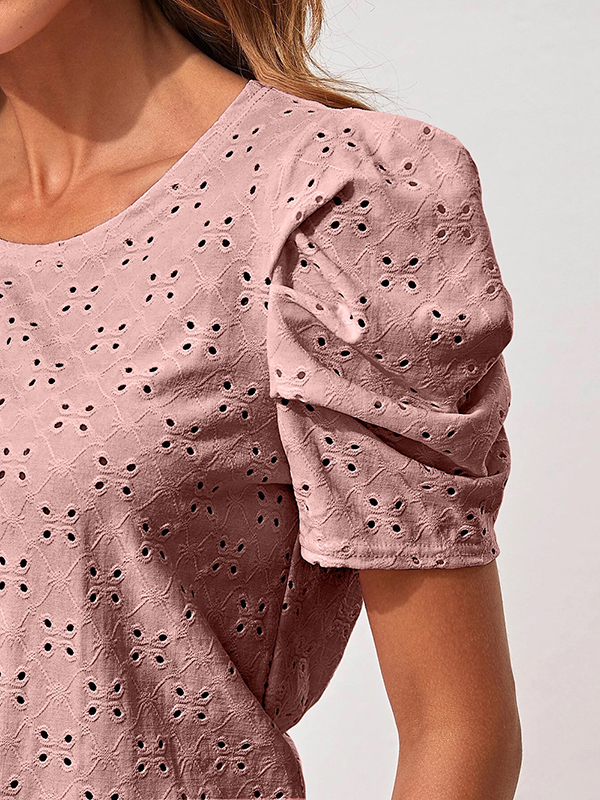 Loose Short Sleeves Hollow Pleated Solid Color Round-Neck T-Shirts Tops