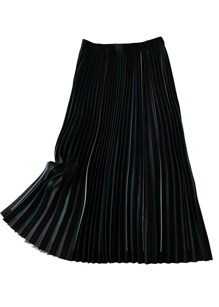 Classy Black Elastic Waist Striped Silk Pleated Skirt Spring