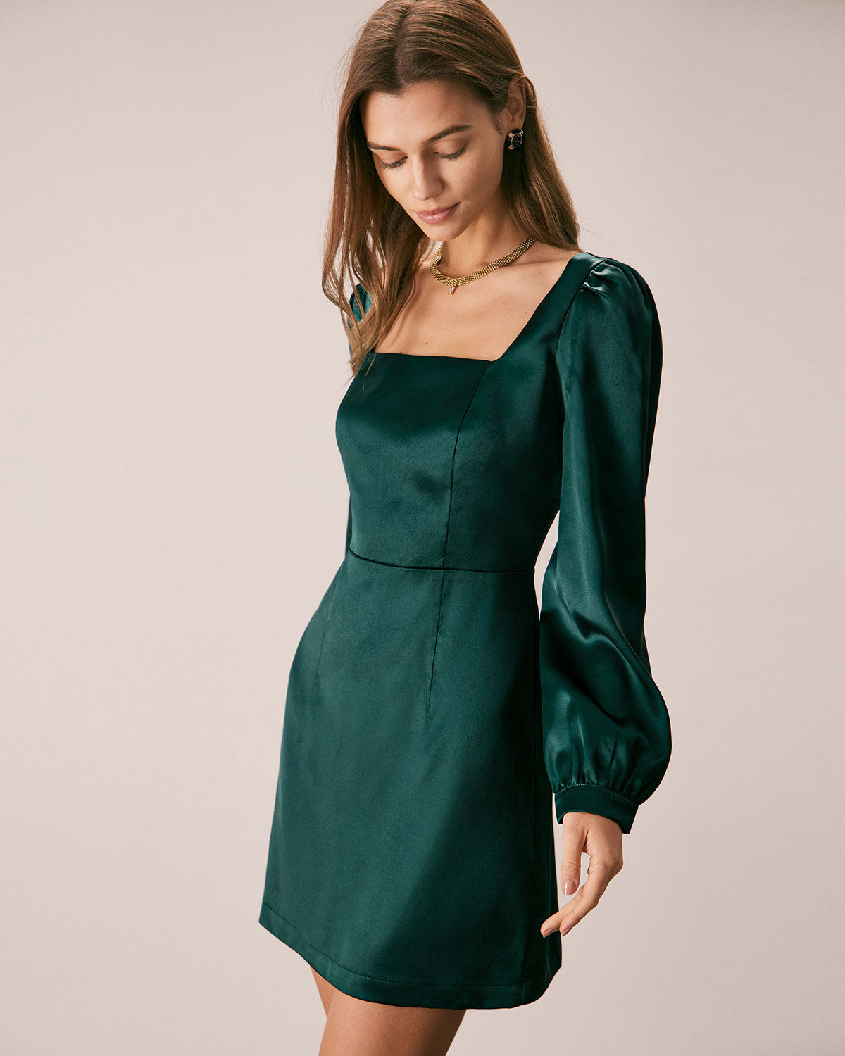 The Green Square Neck Satin A-Line Mini Dress