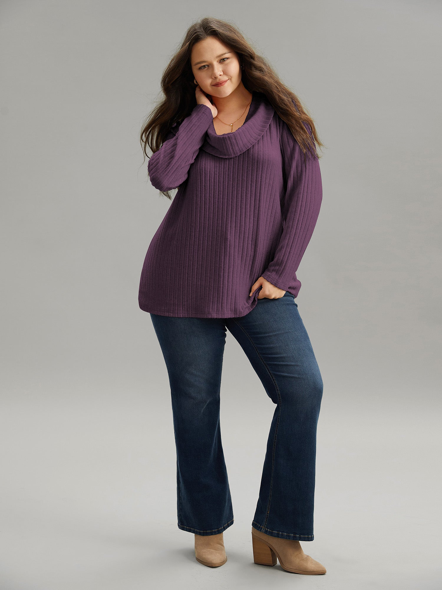 Plain Rib Knit Cowl Neck T-shirt