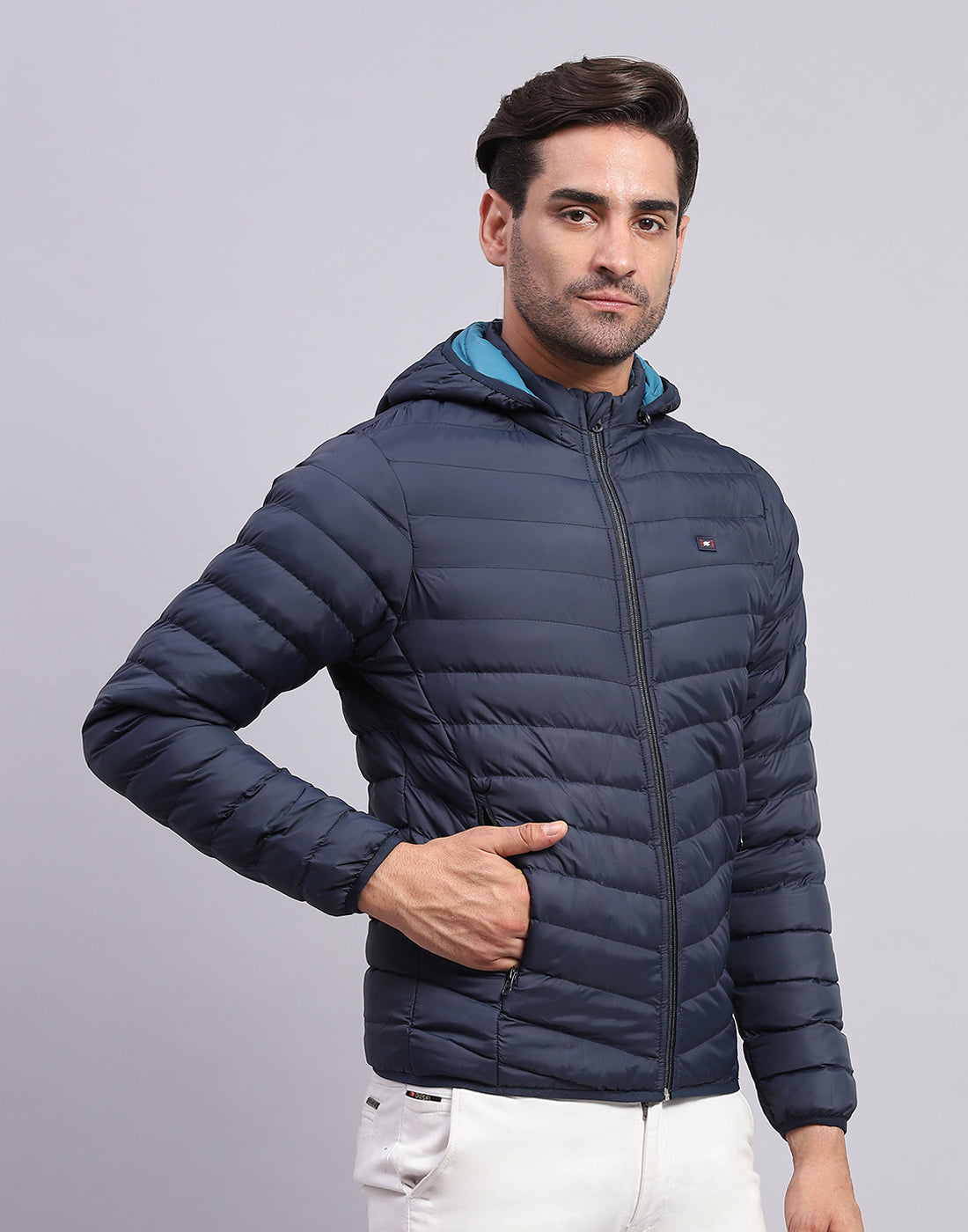 Men Navy Blue Solid Hooded Full Sleeve Jacket