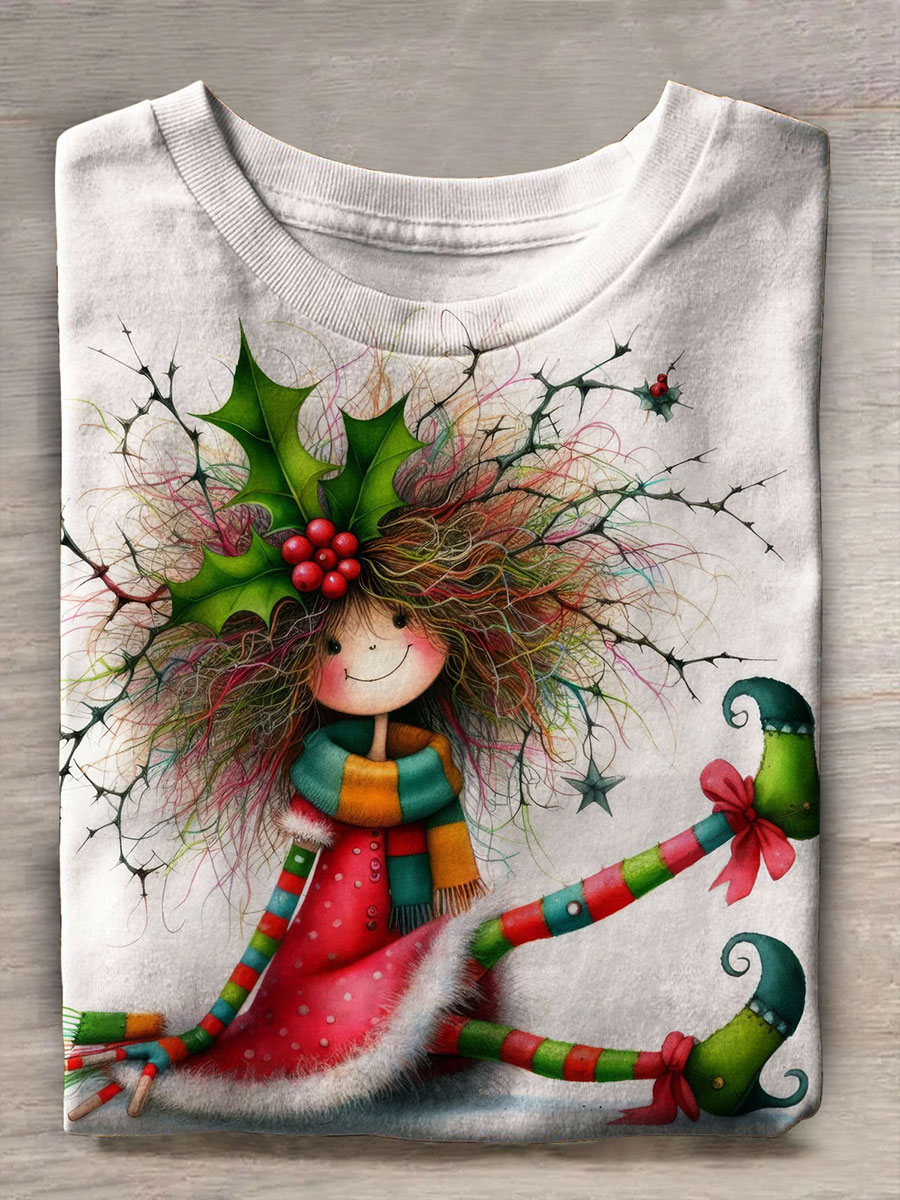 Christmas Elf Girls Print Casual Short Sleeve Top