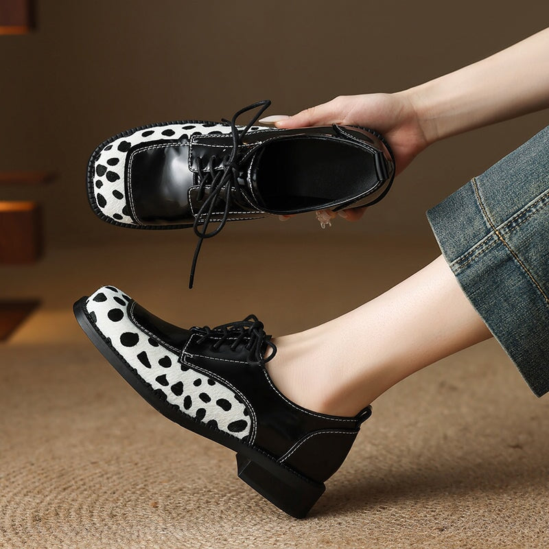 Unique Dalmatian Print Patchwork Handmade Leather Lace-Up Oxford Shoes in Black