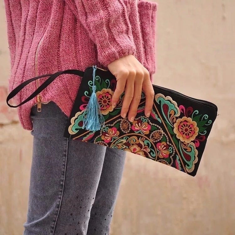Ethnic Style Floral Embroidery Square Zipper Coin Purse