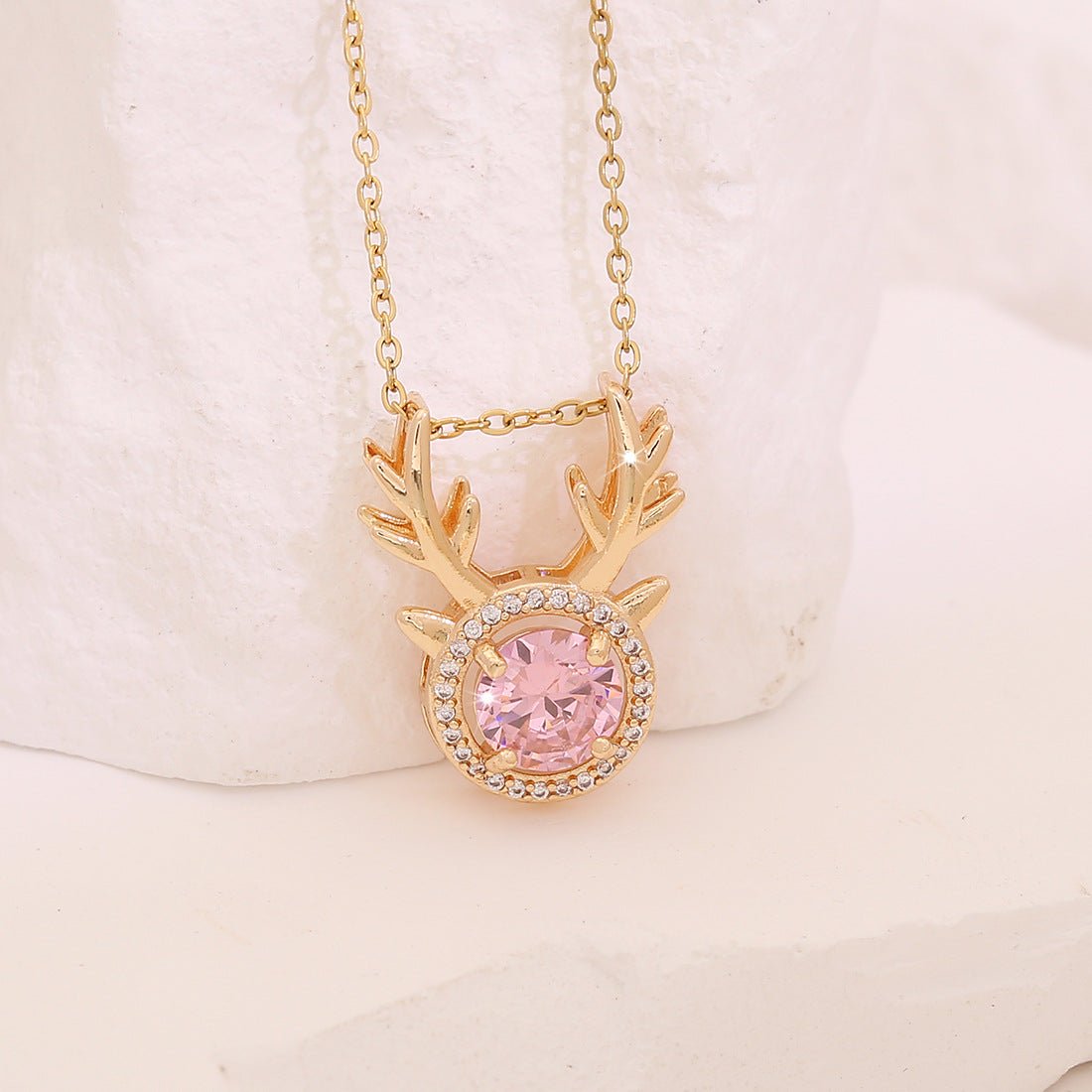 Pink Zirconium Flower Pendant Leaf Geometric Square Clavicle Chain Niche N1487