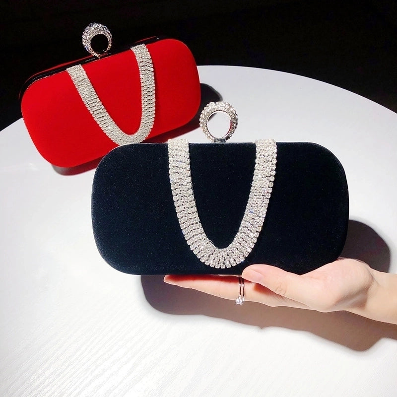 Red Khaki Dark Blue Velvet Solid Color Rhinestone Pillow Shape Clutch Evening Bag