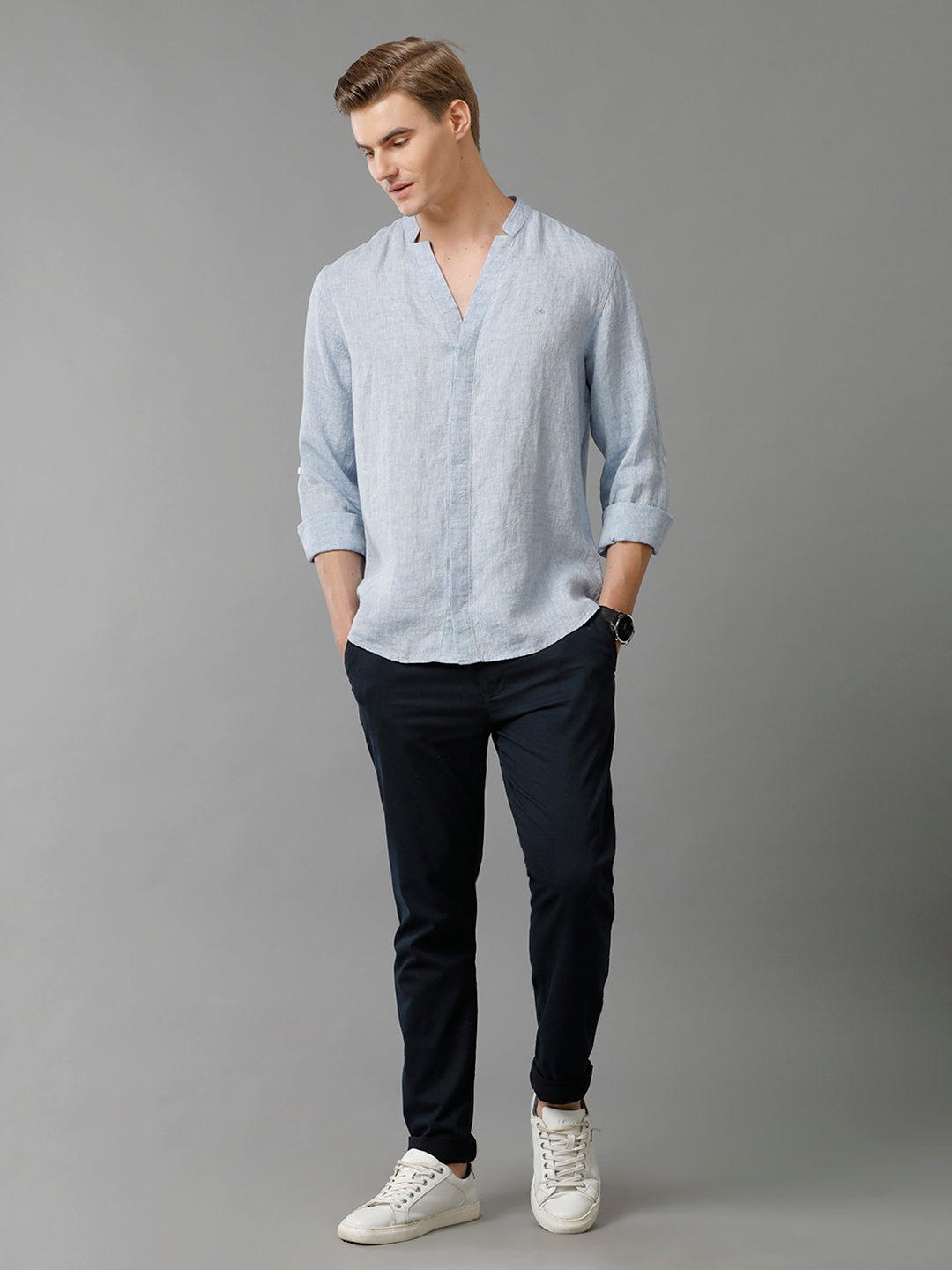 Mens Regular Fit Solid Blue Casual Linen Shirt (LAUNI)