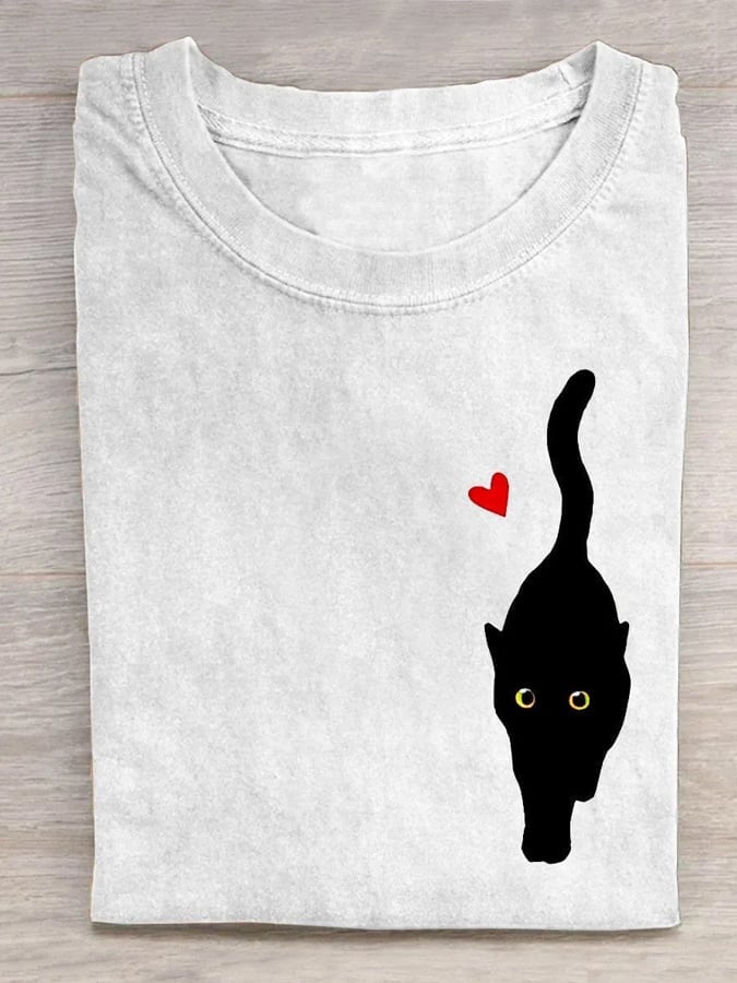Women's Couple With Hearts And Black Cat Art Print T-Shirt