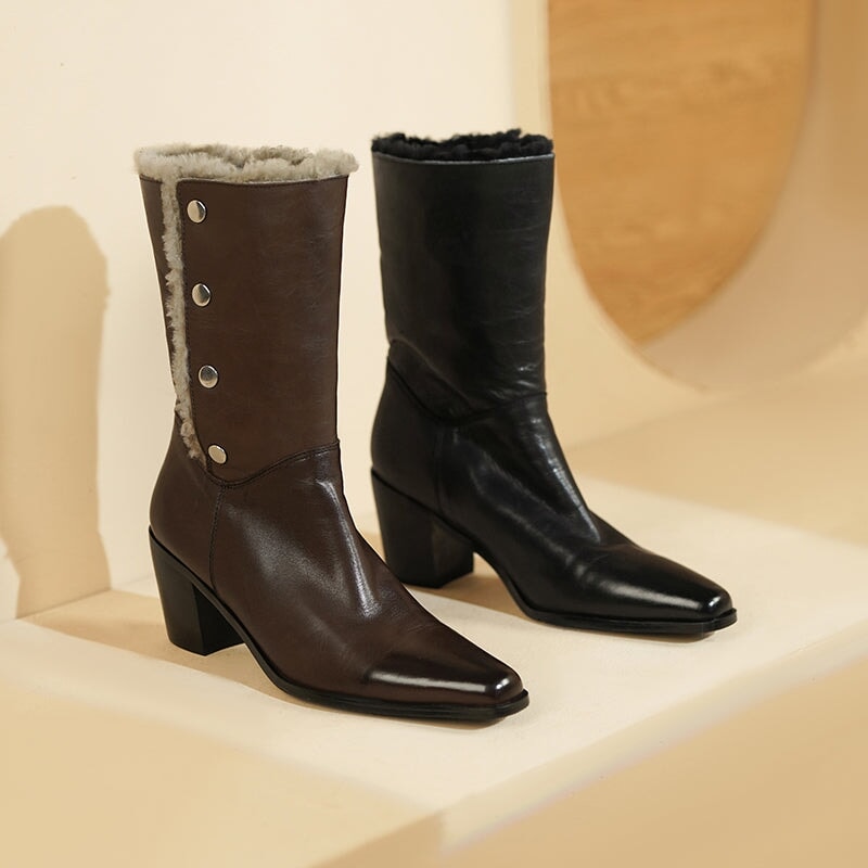 Horse Leather Shearling Lined Almond Toe Mid Calf Western Boots Cowboy Boots For Women In Black/Coffee