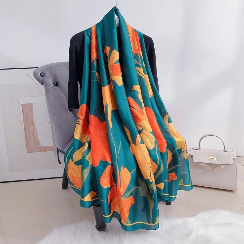 Silk Scarf Women's Spring And Autumn Fashion Printed Silk Elegant Scarf Thin Shawl Office Outer Warming Scarf
