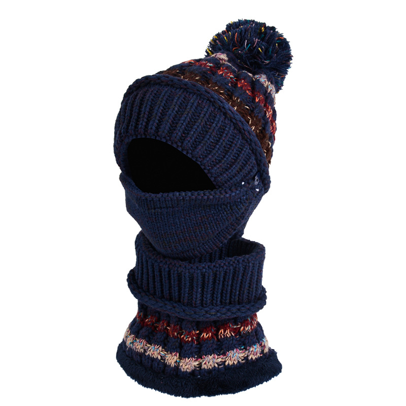 Three-Piece Fleece And Color-Block Knitted Hat. Scarf And Mask