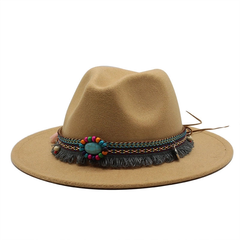 Designed Hot Sale Woolen Hat Women's Ethnic Style Retro Flat Brim Big Brim Jazz Hat