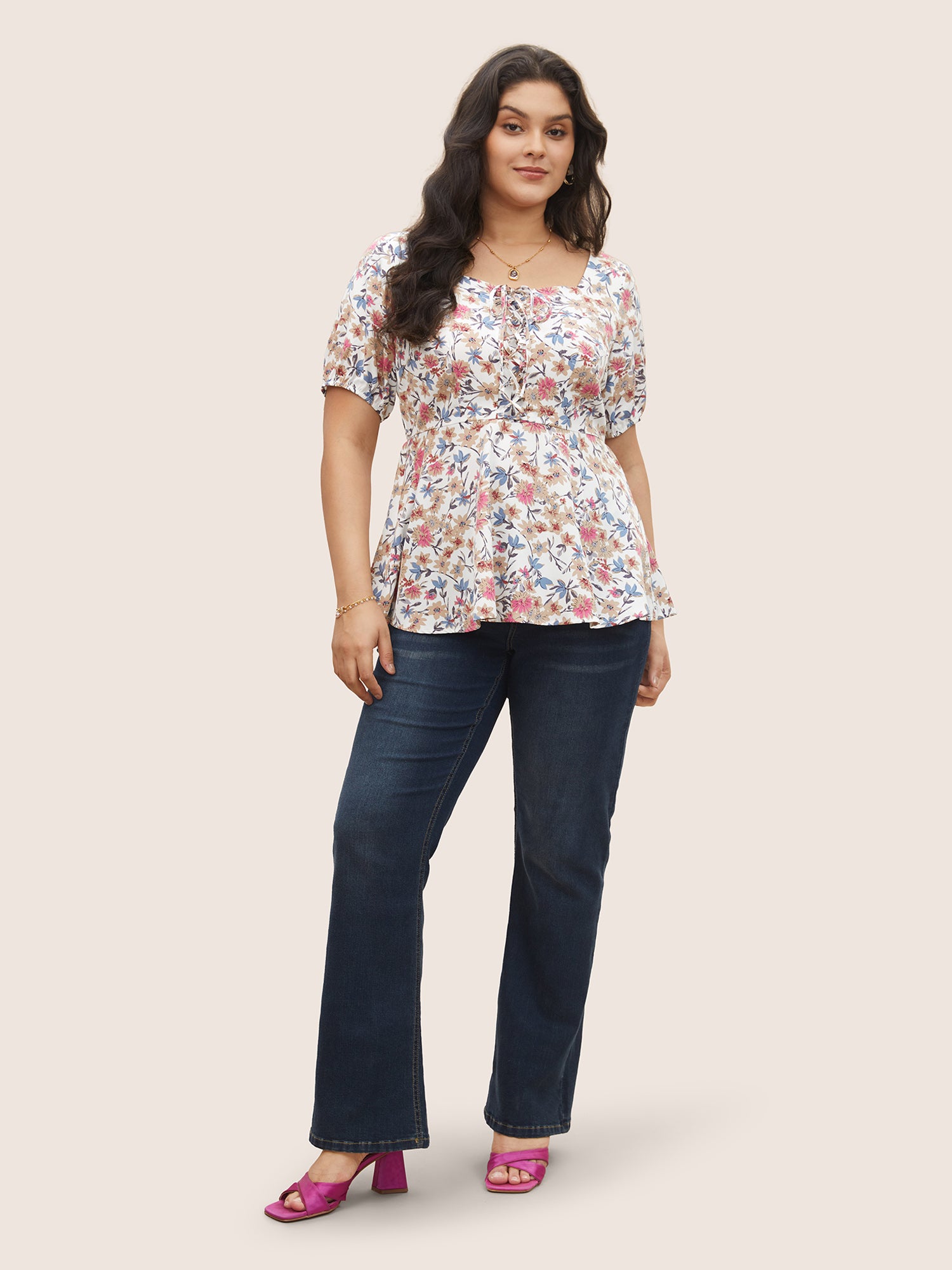 Floral Lace Up Gathered Lantern Sleeve Blouse