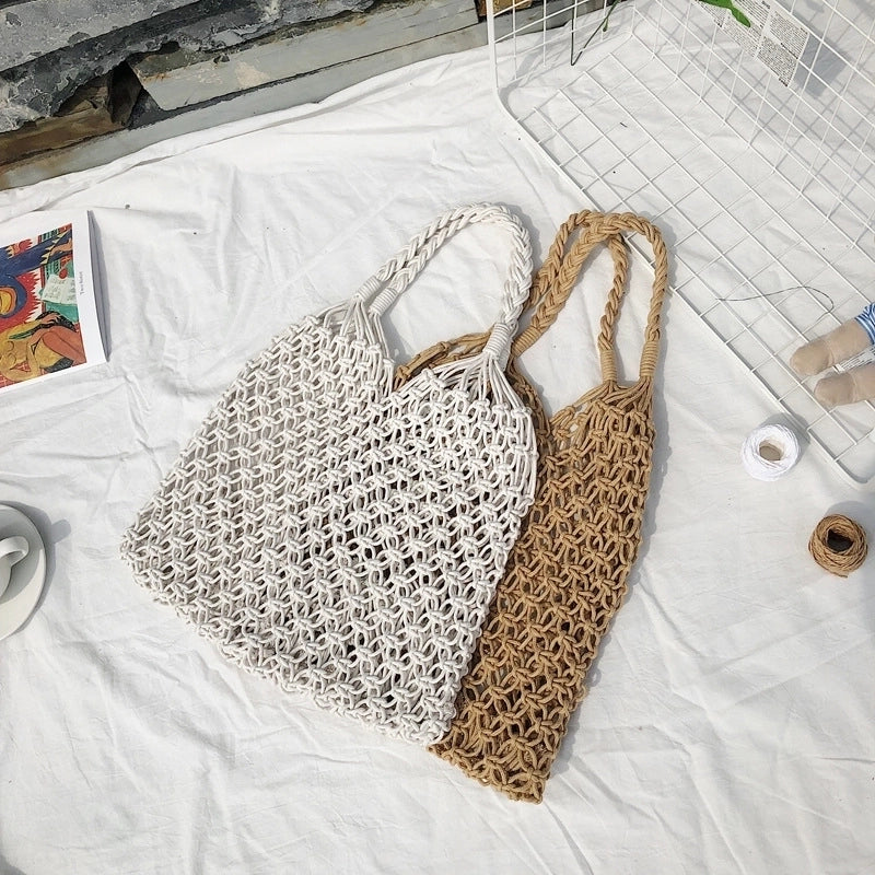Women's Large Summer Cotton Thread Solid Color Vacation Beach Weave Hollow Open Handbag Beach Bag