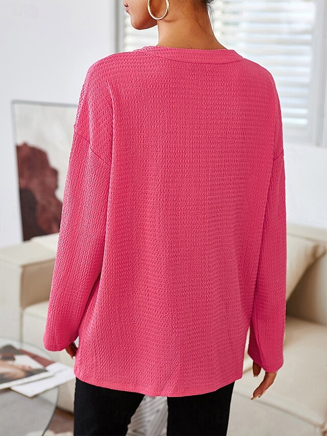 Women's Blouse Solid Color Button Daily Stylish Long Sleeve Crew Neck Rose Pink Spring Fall