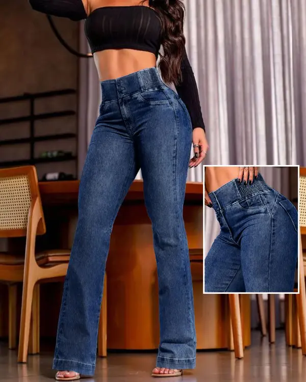 🔥Hot Sale🔥Women's Back Shirred Button Front Jeans High Waist Pants with Pockets