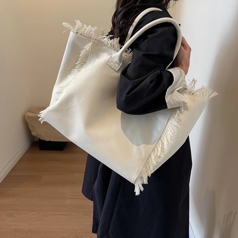 Women's Canvas Solid Color Basic Streetwear Sewing Thread Square Open Shoulder Bag Square Bag Underarm Bag