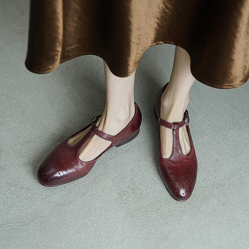 Vintage Washed Horse Leather T-Strap Brogue Mary Jane Shoes in Red/Black/Brown