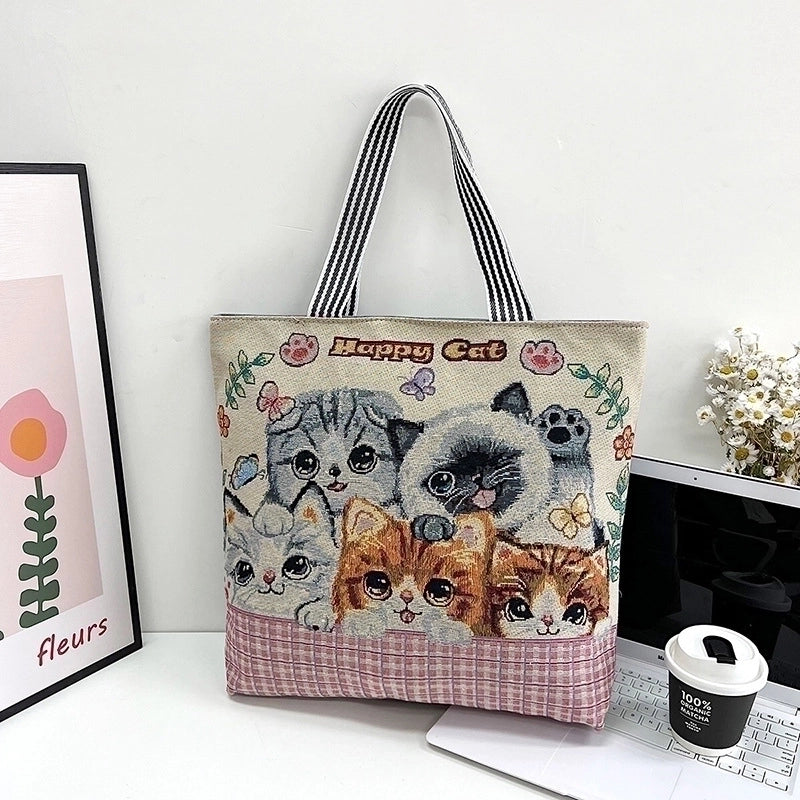 Women's Large All Seasons Nylon Animal Cartoon Cute Square Zipper Tote Bag