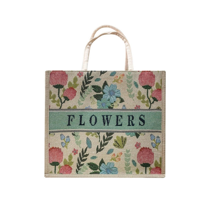 Women's Medium Cotton And Linen Letter Flower Streetwear Magnetic Buckle Tote Bag