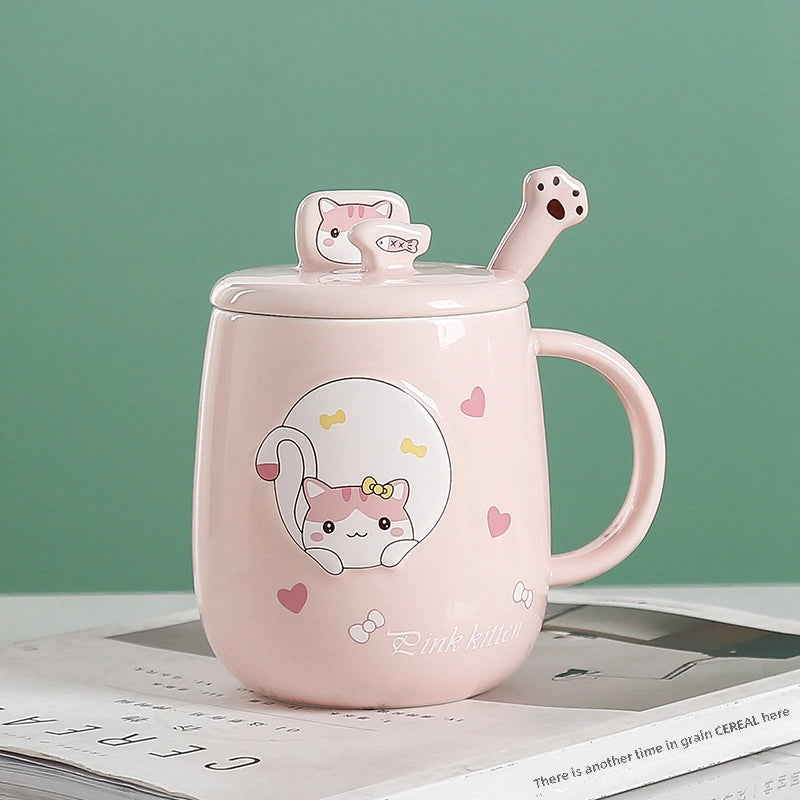 Cat Mug With Lid Spoon Ceramic Cup Creative Personality Trendy Office Cartoon Ins Household Coffee Cup