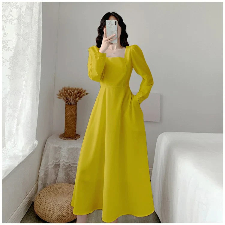 Mustard Luxury Square Neck Midi Dress (Clearance sale