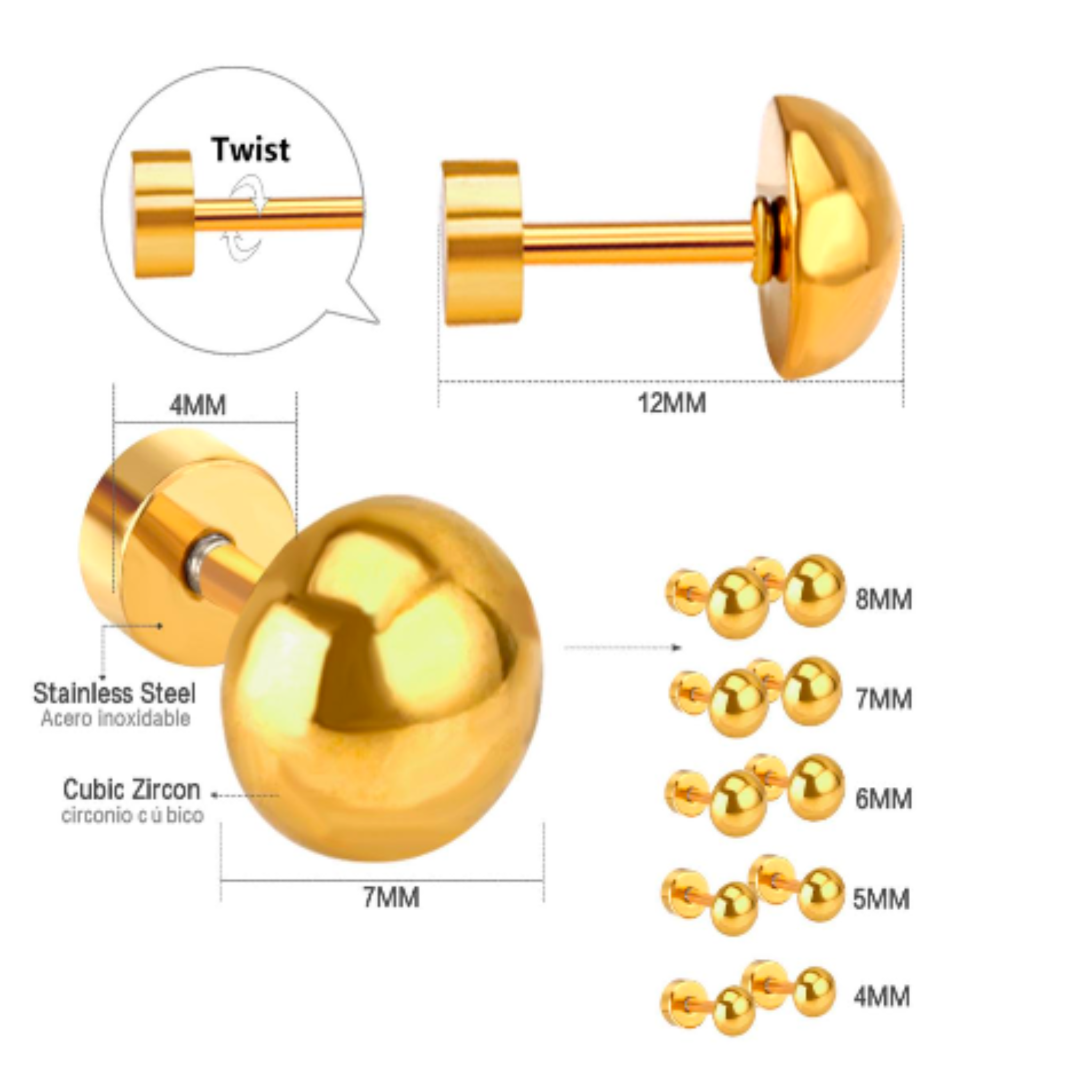4mm Half ball studs - Gold