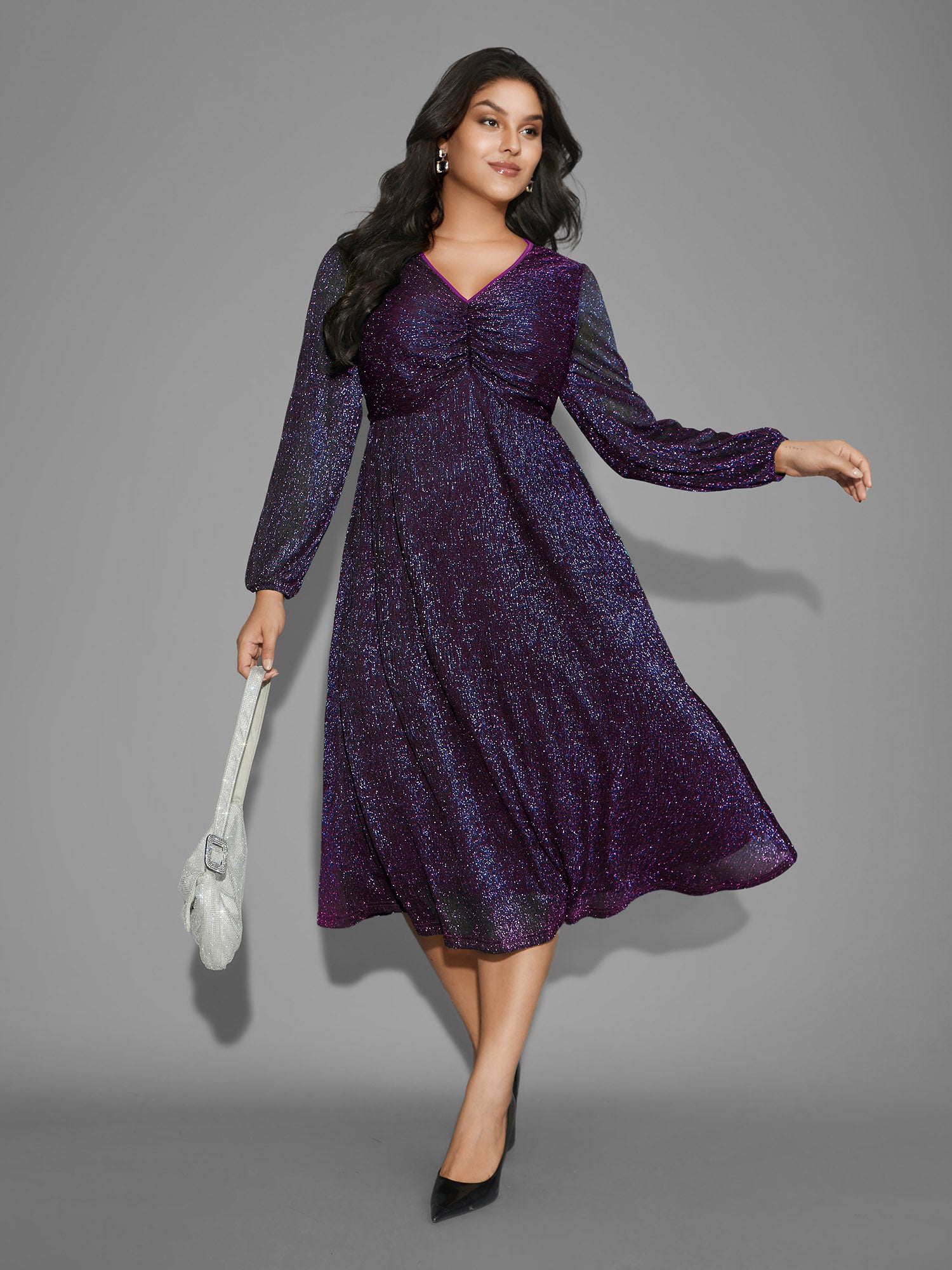 Luxe V Neck Ruched Mesh Dress