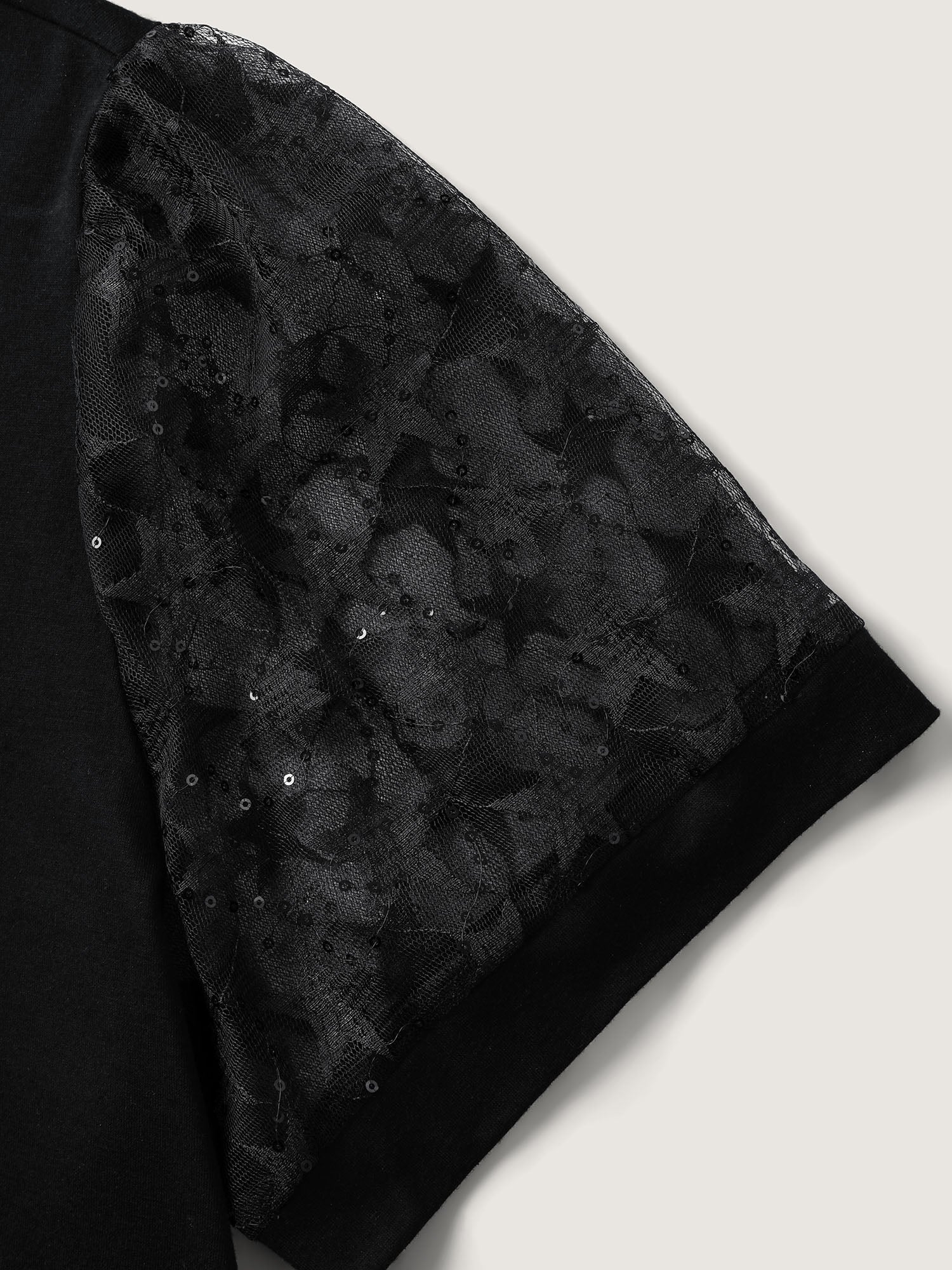 Beaded Mesh Sheer Patchwork T-Shirt