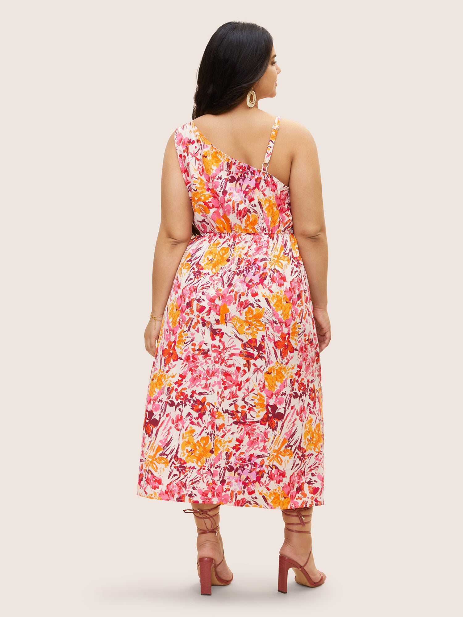 Asymmetrical Neck Watercolor Floral Pleated Dress