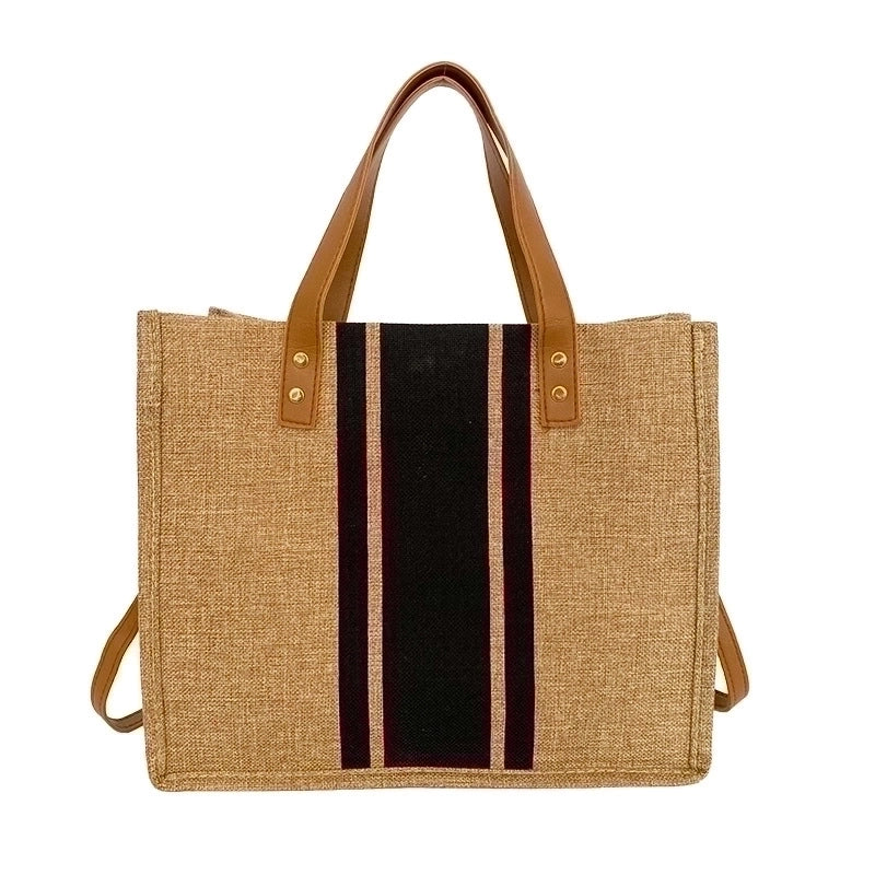 Women's Medium All Seasons Cotton And Linen Stripe Streetwear Square Magnetic Buckle Canvas Bag Handbag