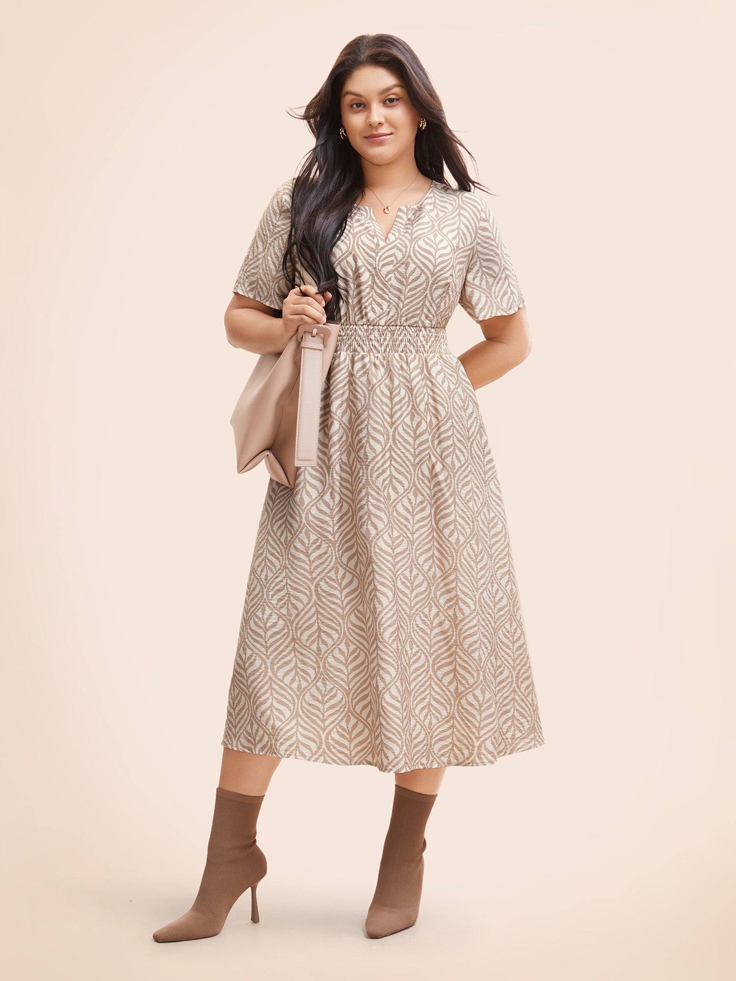 Boho Print Notched Collar Shirred Dress