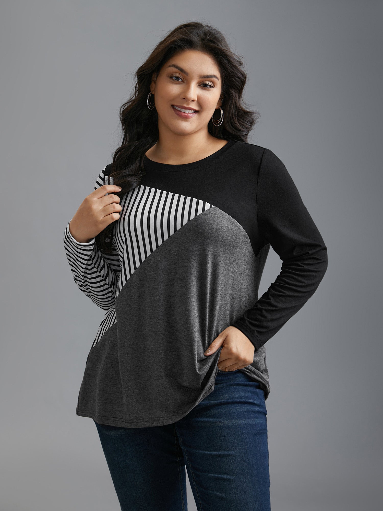 Crew Neck Striped Color Contrast Patchwork Top