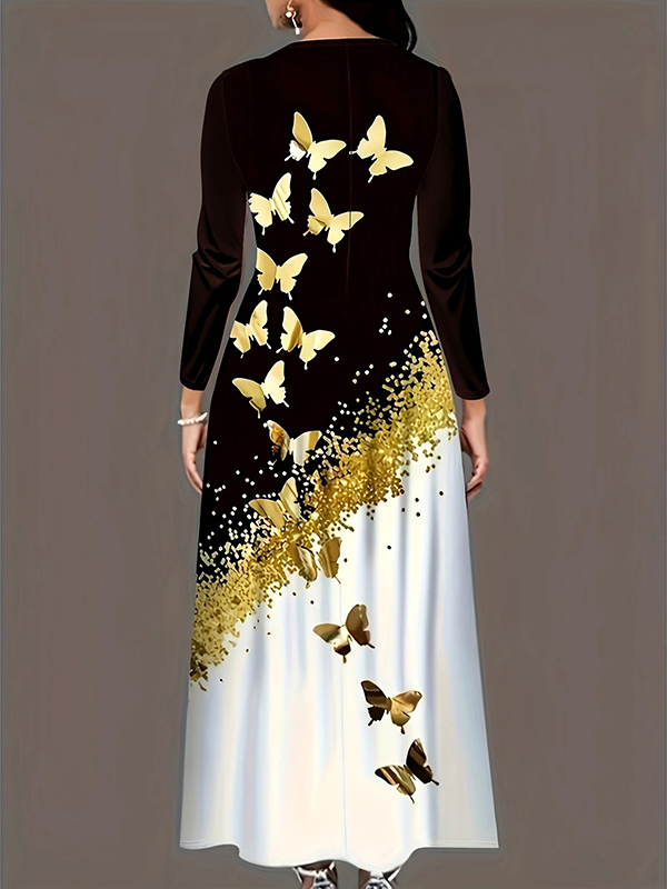 A-Line Long Sleeves Butterfly Print Pockets Round-Neck Maxi Dresses