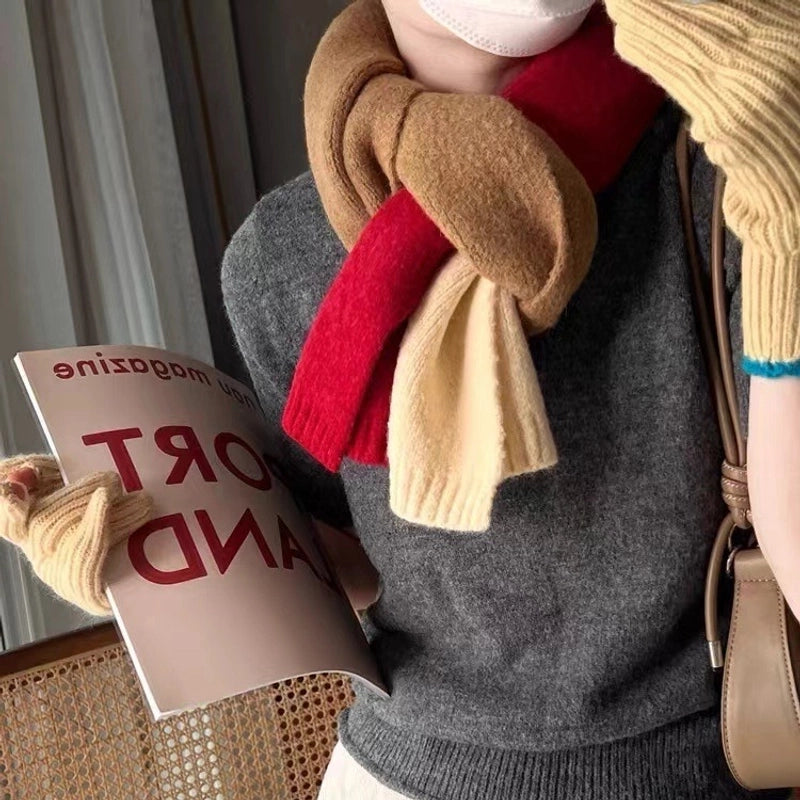 New Autumn And Winter Style Contrast Color Scarf Female Neck Protection Korean Cute Student Warm Knitted Scarf Male