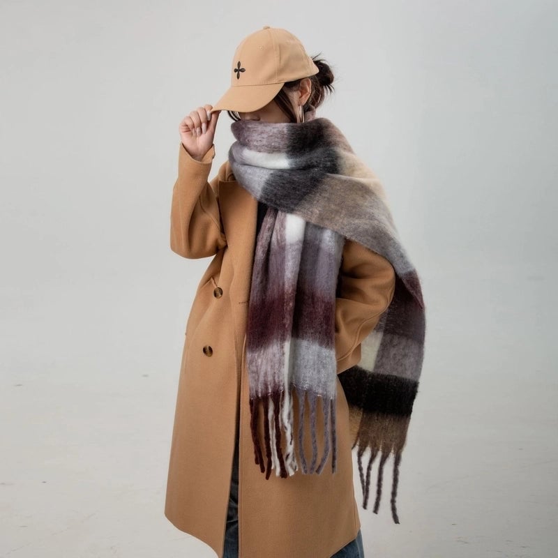 Brown Striped Scarf Women's Autumn And Winter  Trendy Winter Warm Imitation Cashmere Windproof Scarf For Students