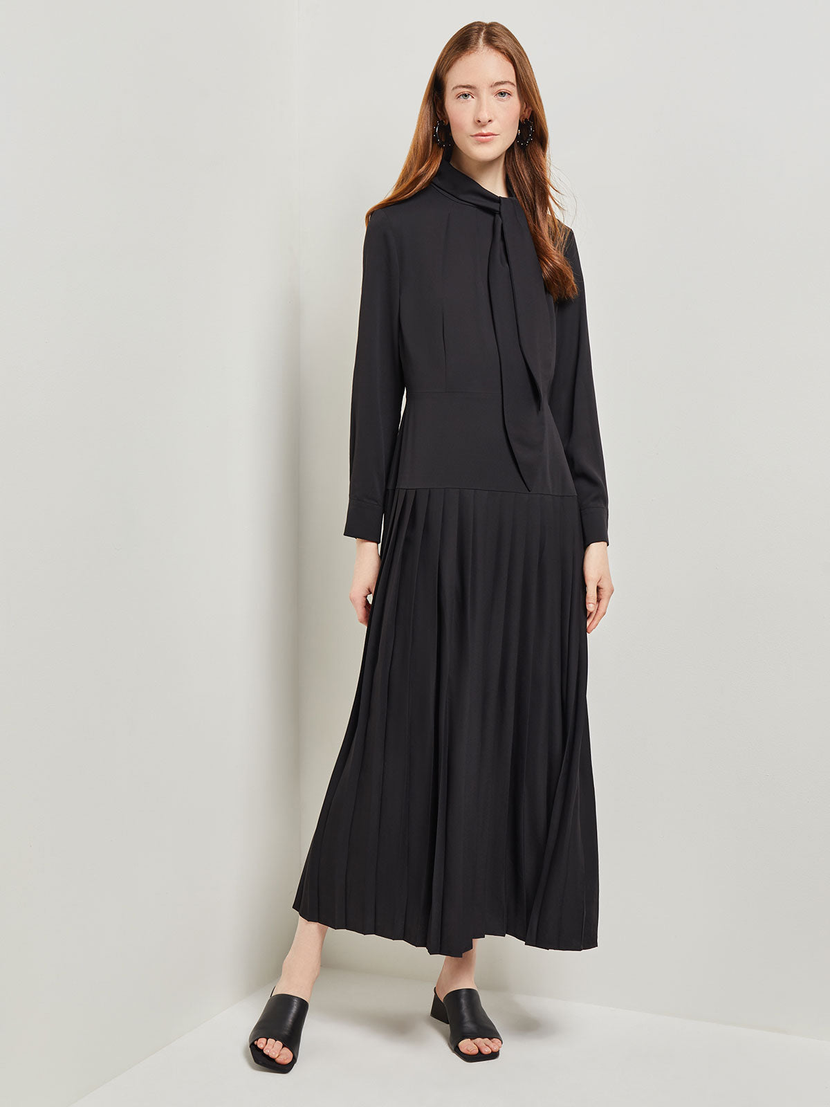 Tie Neck Pleated A-Line Maxi Dress, Black