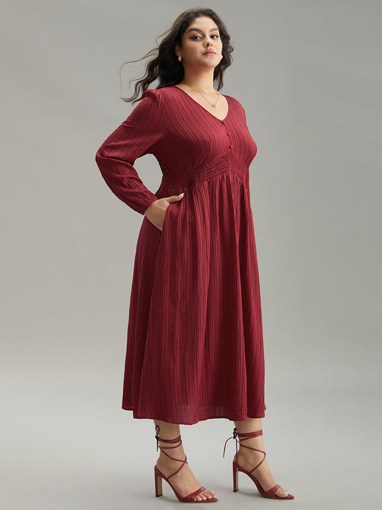 Solid Plisse Button Detail Shirred Dress