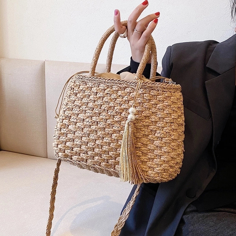 Women's Medium Straw Solid Color Streetwear Square String Shoulder Bag Handbag Crossbody Bag