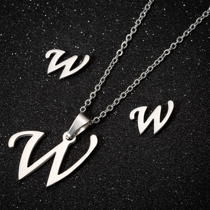 Women's Fashion Minimalist Letter Stainless Steel Pendant Necklace Ear Studs Plating Jewelry Sets