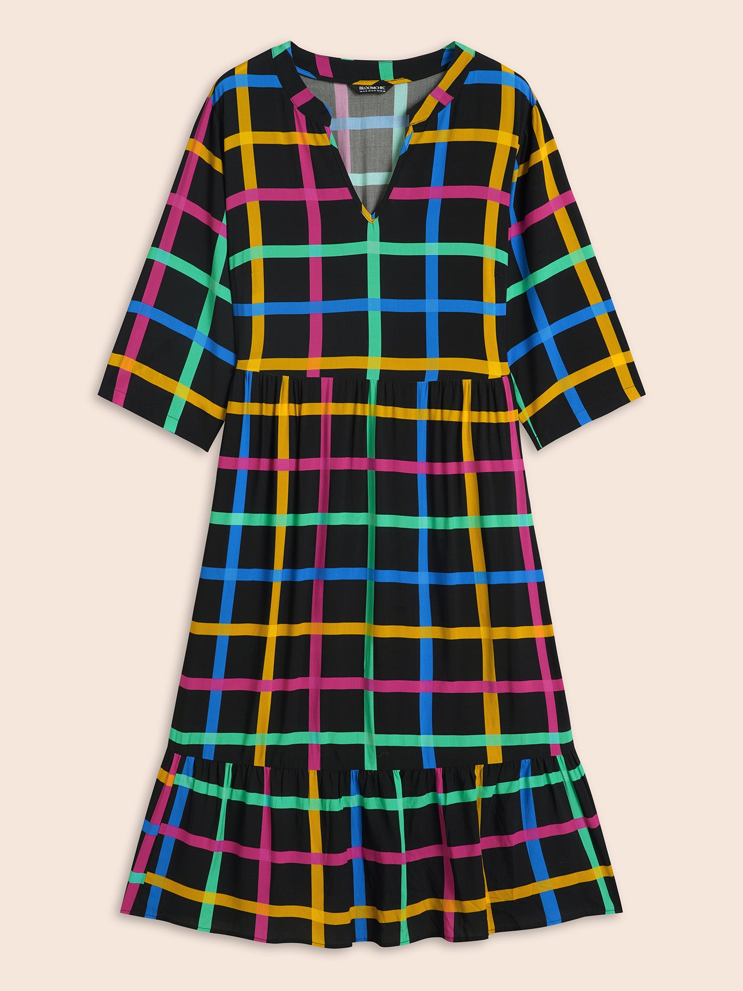 Plaid Notched Ruffle Hem Pocket Dress