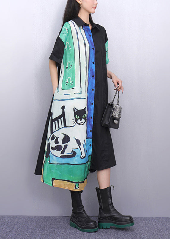 Natural Asymmetrical Peter Pan Collar Print Cotton Maxi Dresses Summer