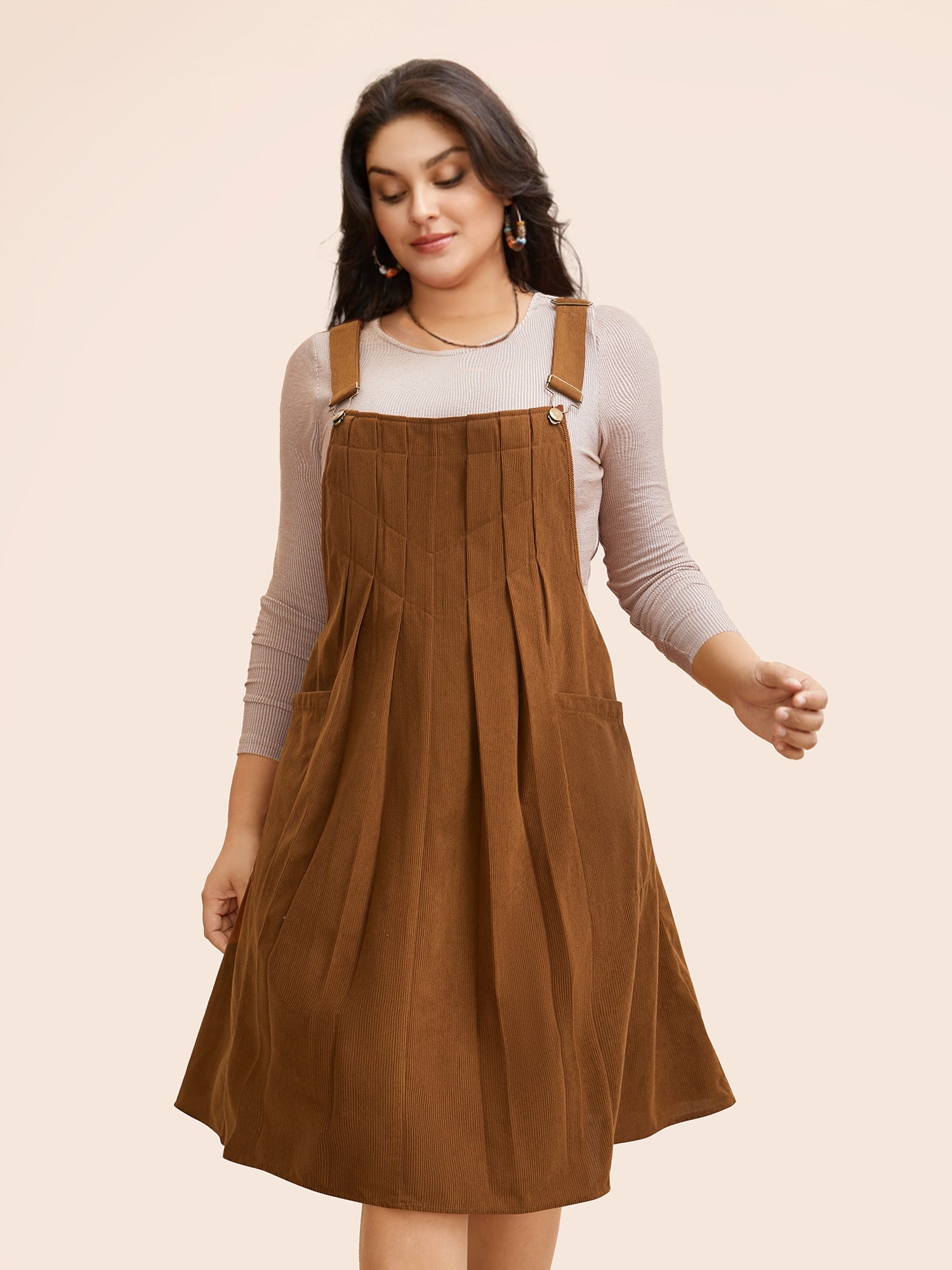 Solid Corduroy Pleated Overall Dress