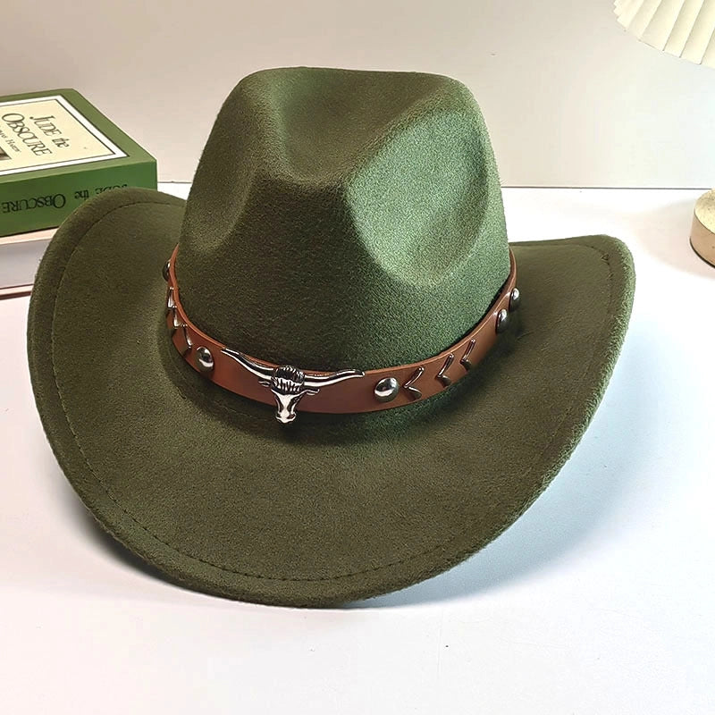 Autumn And Winter Woolen Denim Jazz Felt Hat For Men And Women Cow Head Mark Curled Top Hat Tibetan Sunshade Sunscreen Hat