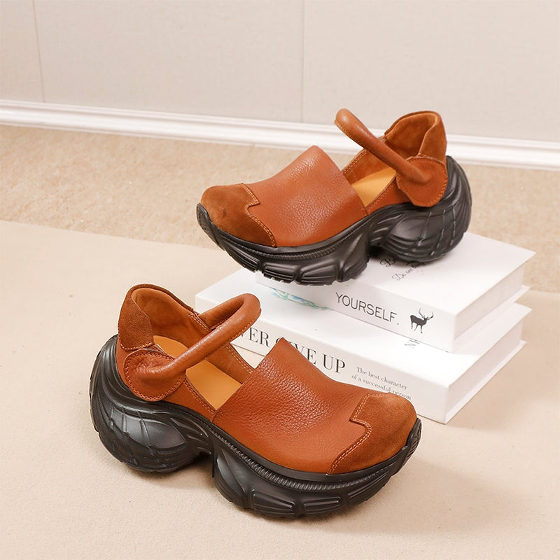 Chunky Platform Cow Leather Mary Jane Shoes with Adjustable Velcro Strap in Black/Light Brown