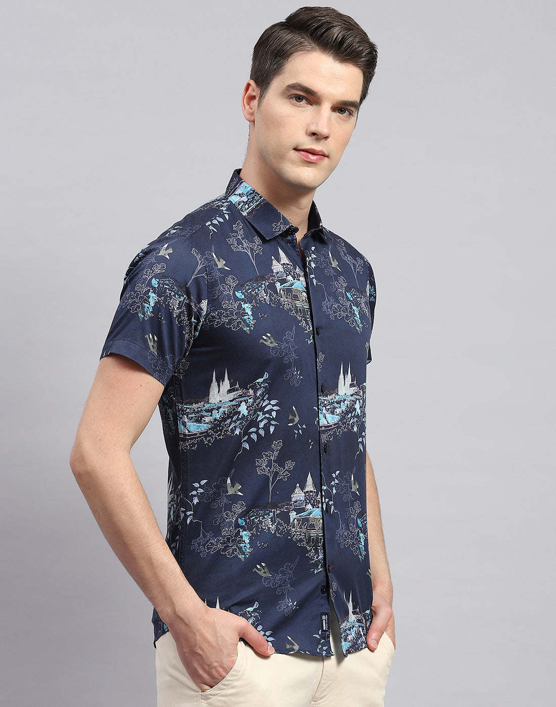 Men Navy Blue Printed Collar Neck Half Sleeve Shirt