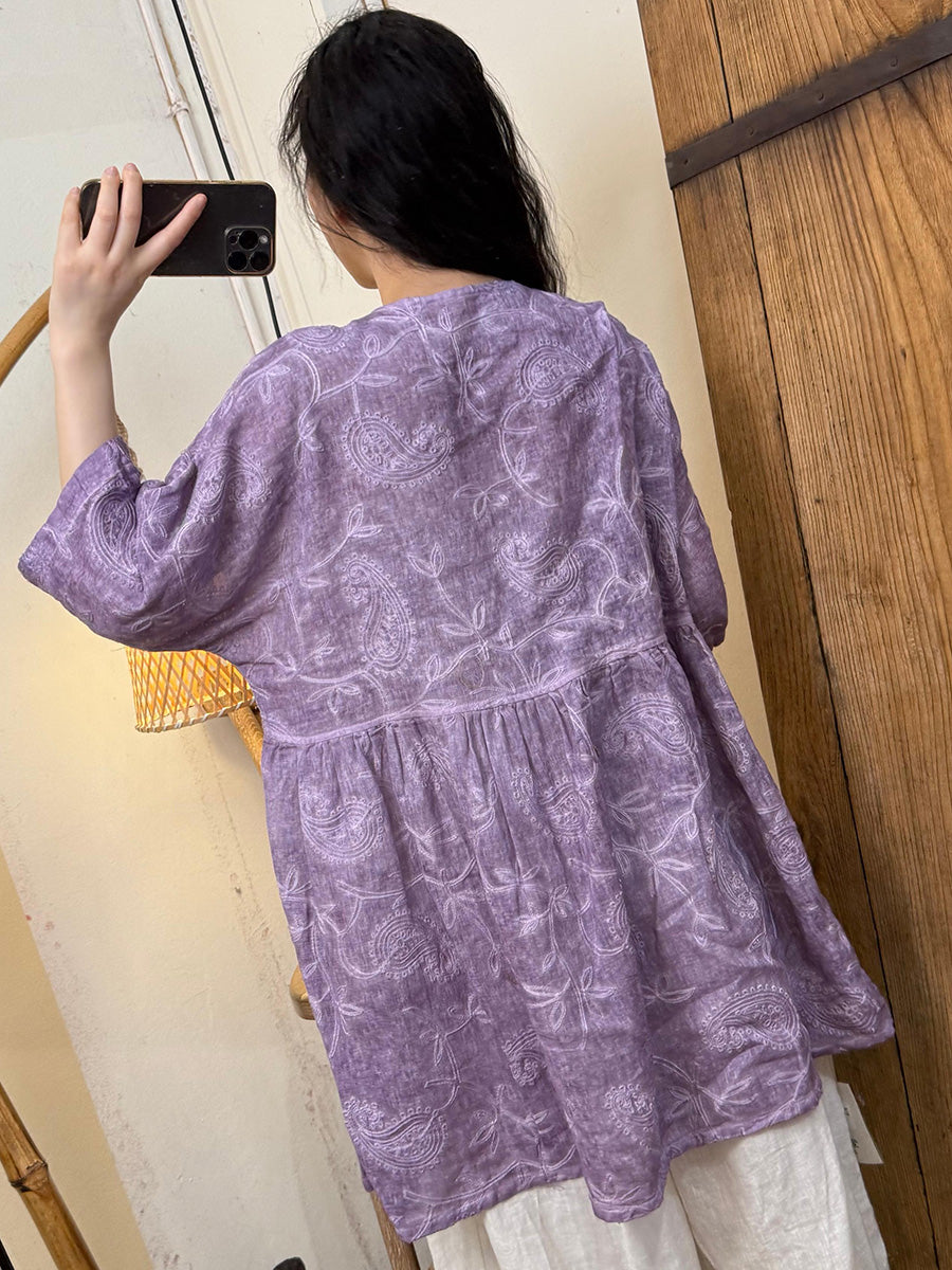 Women Summer Artsy Embroidery Flower Ramie V-Neck Shirt