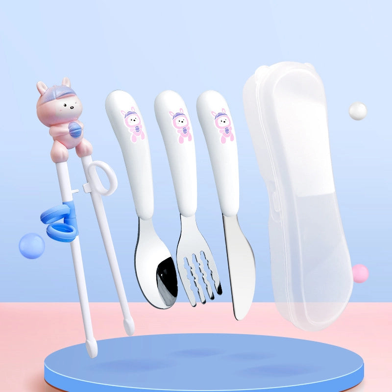 Portable Feeding Children's Tableware Set Cartoon Learning Chopsticks Training Chopsticks 304 Stainless Steel Spoon Fork